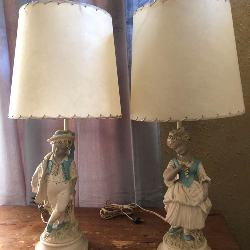 Vintage Pair Chalkware Lamps Original Shades